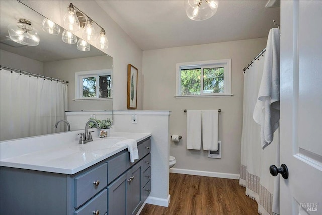 bathroom with hardwood / wood-style flooring, vanity, a healthy amount of sunlight, and toilet