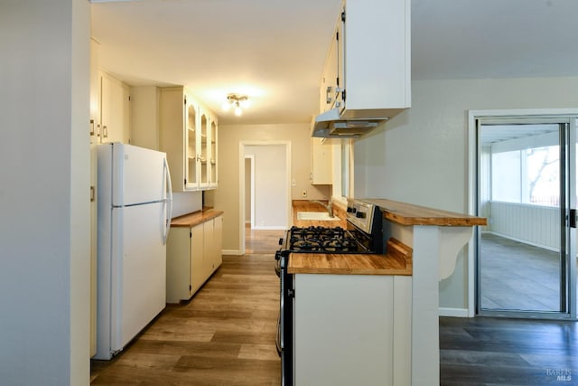 kitchen with stainless steel range, dark hardwood / wood-style floors, white refrigerator, and white cabinetry