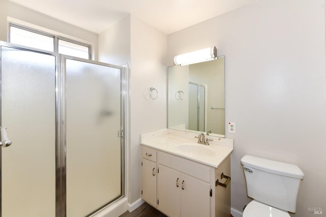 bathroom with toilet, vanity, and an enclosed shower