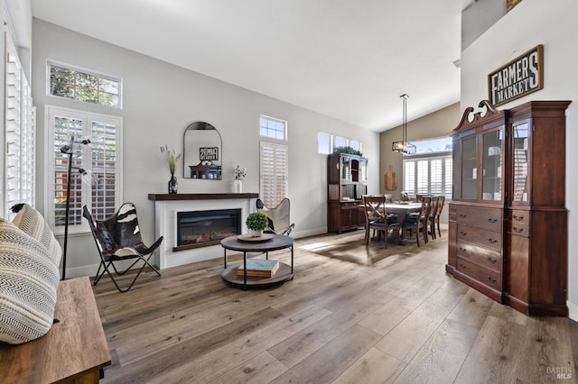 living room with a healthy amount of sunlight, vaulted ceiling, and hardwood / wood-style flooring