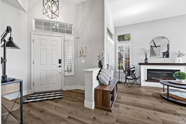 foyer entrance with wood-type flooring and a chandelier