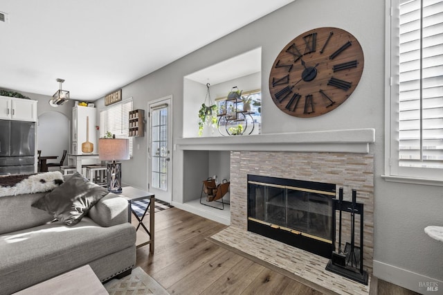 living room featuring wood-type flooring and a fireplace