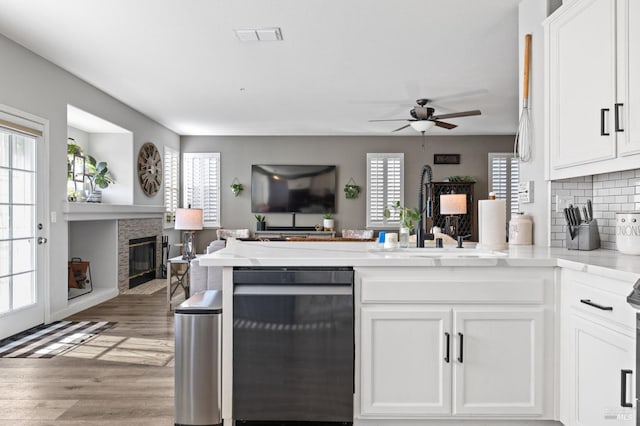 kitchen featuring white cabinets, tasteful backsplash, a fireplace, and a healthy amount of sunlight