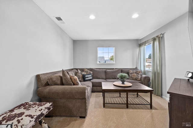 living room featuring light colored carpet