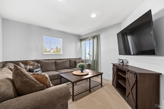 living room featuring light carpet