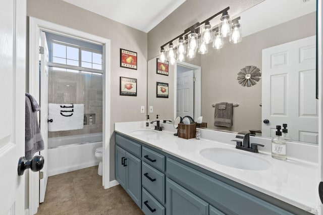 full bathroom featuring shower / bath combination with glass door, vanity, toilet, and tile patterned flooring