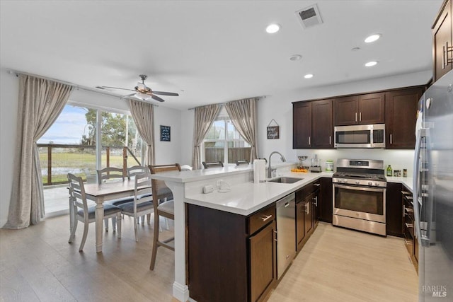 kitchen with dark brown cabinets, light wood finished floors, appliances with stainless steel finishes, and a sink