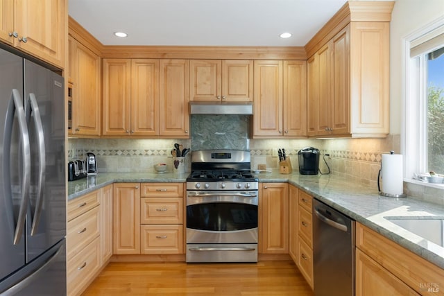 kitchen with decorative backsplash, light stone countertops, and appliances with stainless steel finishes