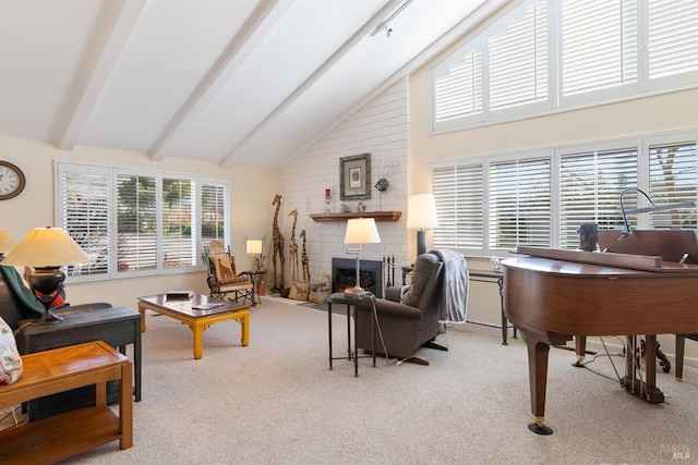 living room with light carpet, vaulted ceiling with beams, and a brick fireplace