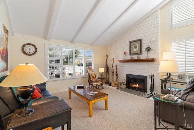 carpeted living room featuring a fireplace and lofted ceiling with beams