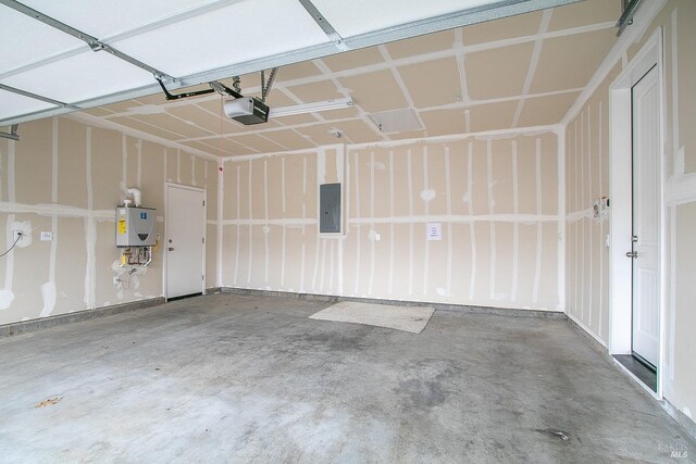 garage featuring electric panel, a garage door opener, and water heater