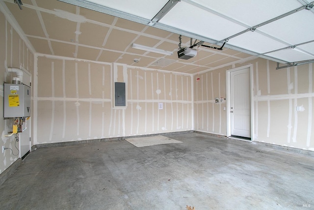 garage with electric panel and a garage door opener