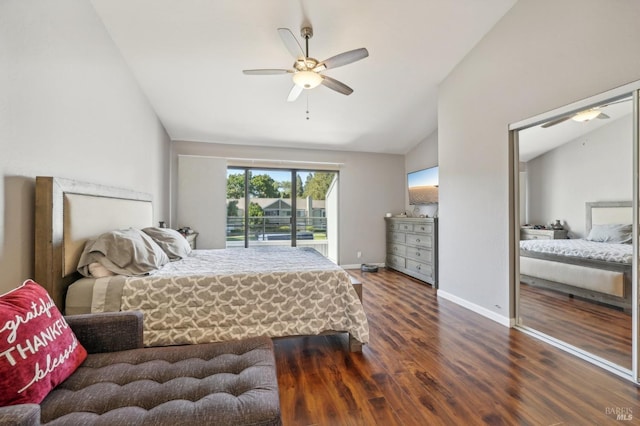 bedroom with hardwood / wood-style flooring, lofted ceiling, access to exterior, and ceiling fan