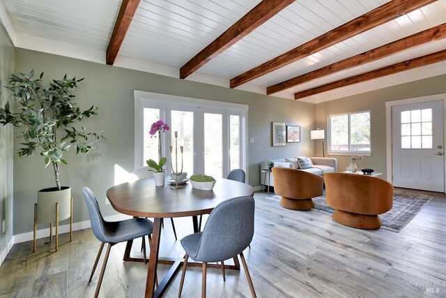 living room featuring beamed ceiling, a healthy amount of sunlight, hardwood / wood-style floors, and wooden ceiling