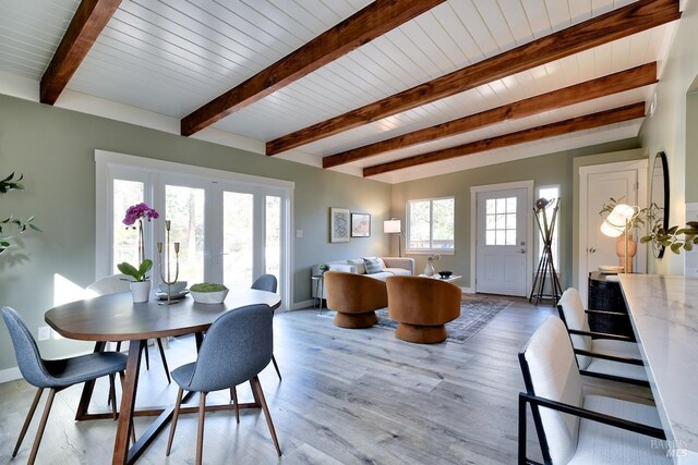 living room featuring beam ceiling, wooden ceiling, and wood-type flooring