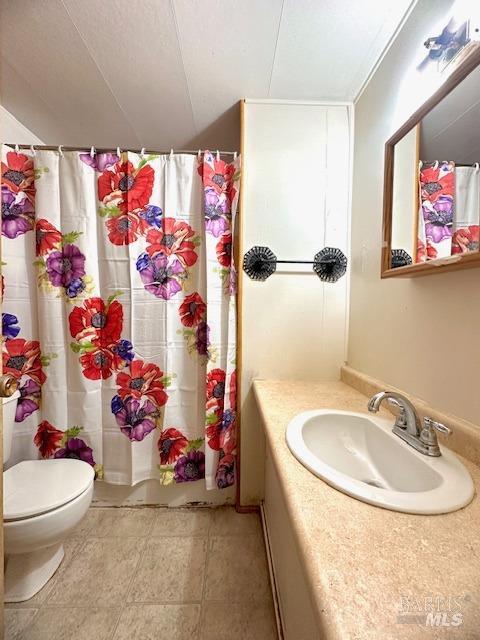 bathroom featuring vanity, toilet, and walk in shower