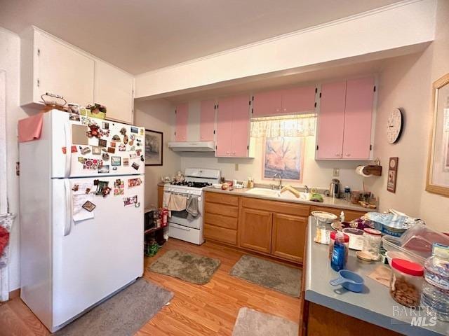 kitchen featuring sink, light hardwood / wood-style floors, and white appliances