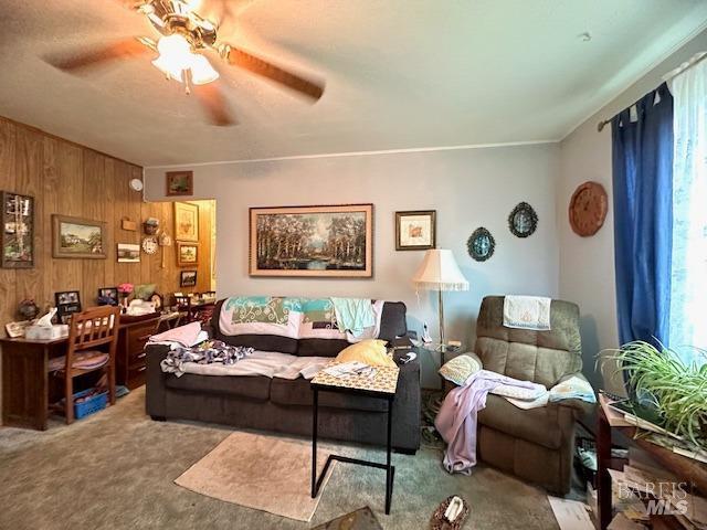 carpeted living room featuring ceiling fan and wood walls