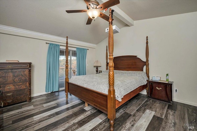 bedroom featuring access to outside, vaulted ceiling with beams, ceiling fan, a textured ceiling, and dark hardwood / wood-style flooring