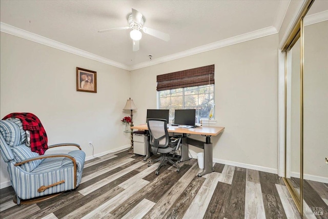 office space with ceiling fan, hardwood / wood-style floors, and ornamental molding