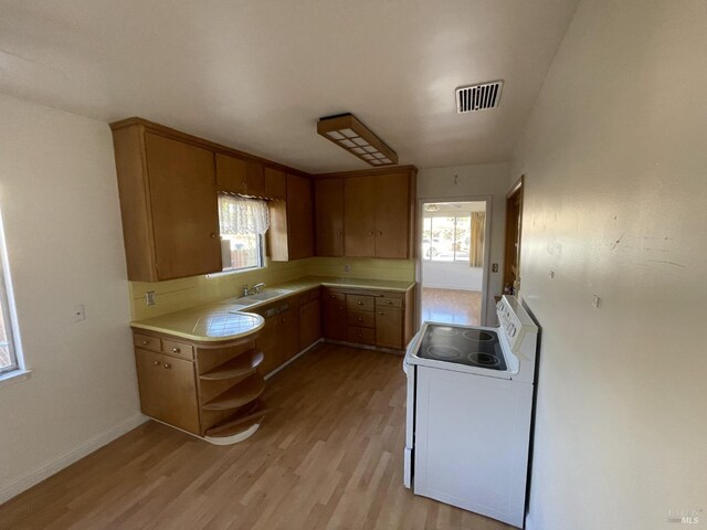 kitchen featuring decorative backsplash, electric range, light hardwood / wood-style floors, and sink