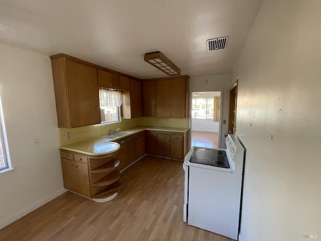 kitchen with a healthy amount of sunlight, visible vents, white electric range, and light wood-type flooring