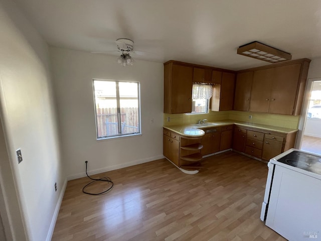 kitchen with plenty of natural light, light wood-style flooring, a sink, and electric range