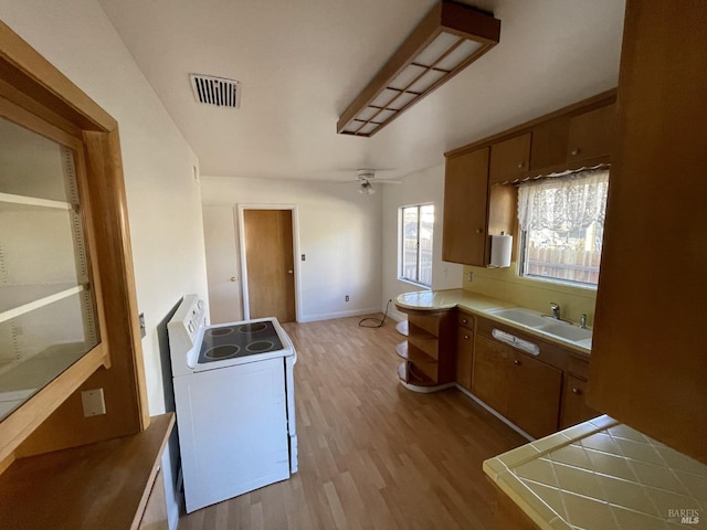 kitchen with light wood finished floors, visible vents, a sink, electric stove, and light countertops