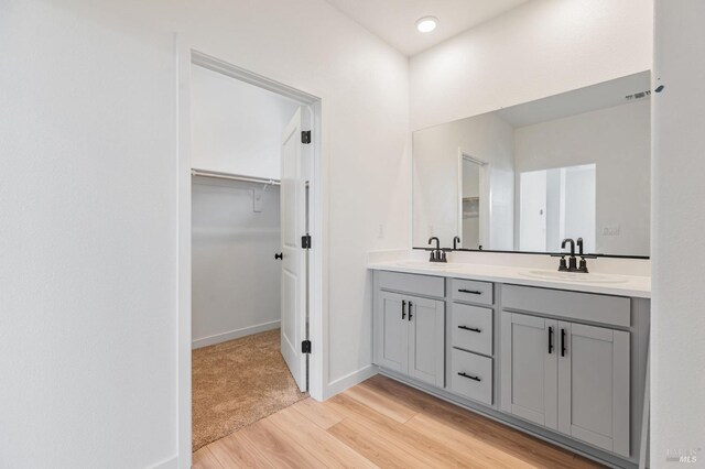 full bath with a sink, a walk in closet, double vanity, and wood finished floors