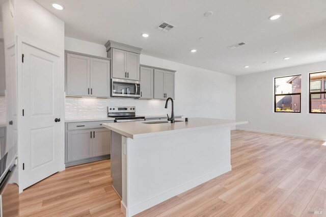 kitchen featuring visible vents, a sink, appliances with stainless steel finishes, backsplash, and gray cabinetry
