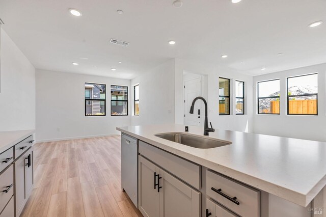 kitchen with visible vents, stainless steel dishwasher, a kitchen island with sink, light wood-style floors, and a sink