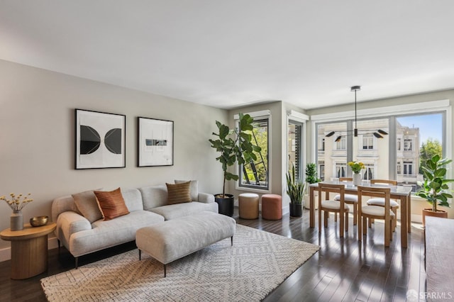 living room with dark wood-type flooring