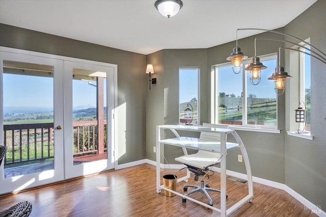 office area with wood-type flooring and french doors