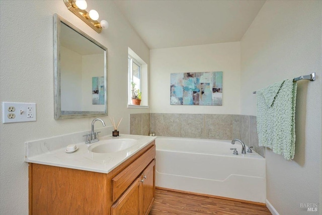 bathroom with hardwood / wood-style floors, vanity, and a washtub