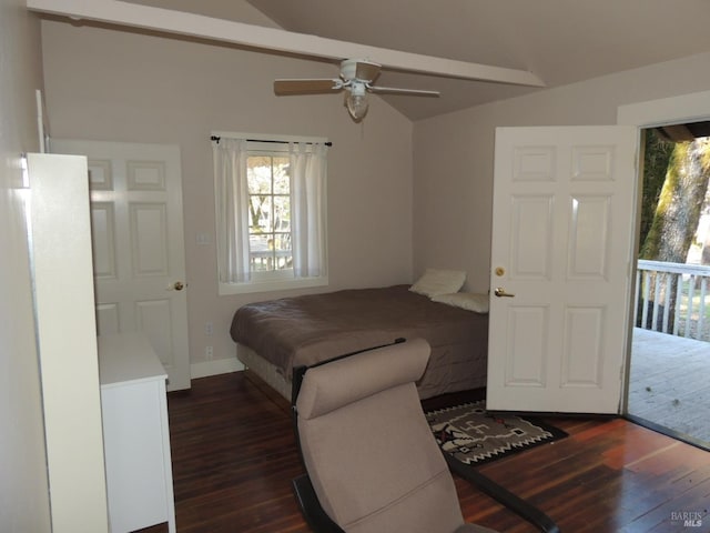 bedroom featuring dark wood-type flooring, access to outside, ceiling fan, and lofted ceiling