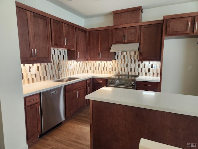 kitchen featuring sink, light hardwood / wood-style flooring, decorative backsplash, dark brown cabinetry, and stainless steel appliances