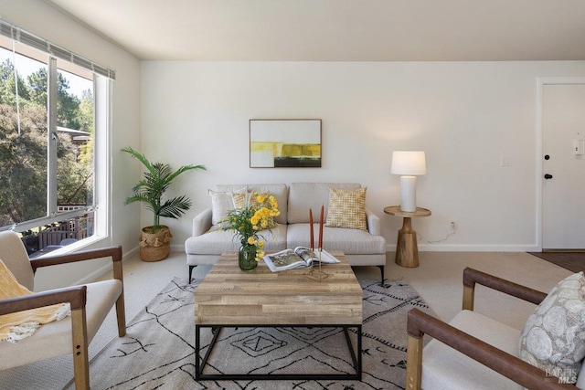 living room featuring light carpet