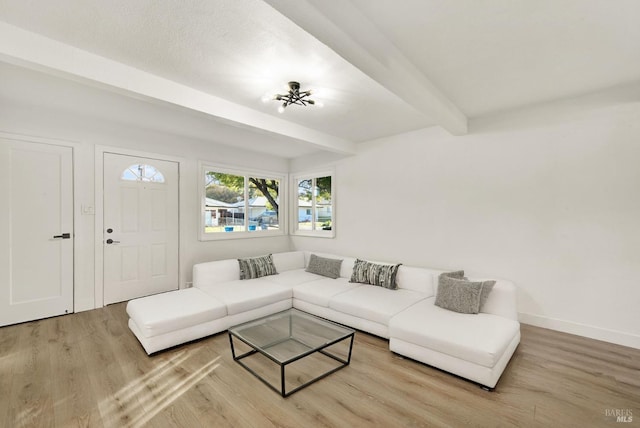 living room with wood-type flooring and beam ceiling