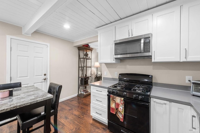 kitchen with white cabinets, dark hardwood / wood-style floors, beamed ceiling, and black range with gas cooktop