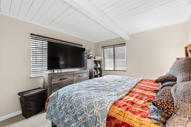 carpeted bedroom featuring wooden ceiling and beam ceiling