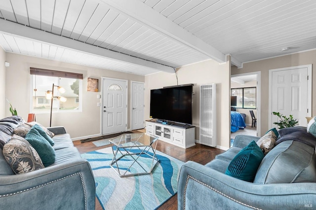 living room featuring dark hardwood / wood-style floors and beamed ceiling