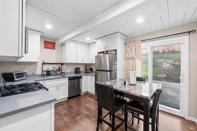 kitchen with stainless steel appliances, white cabinets, dark hardwood / wood-style flooring, and sink