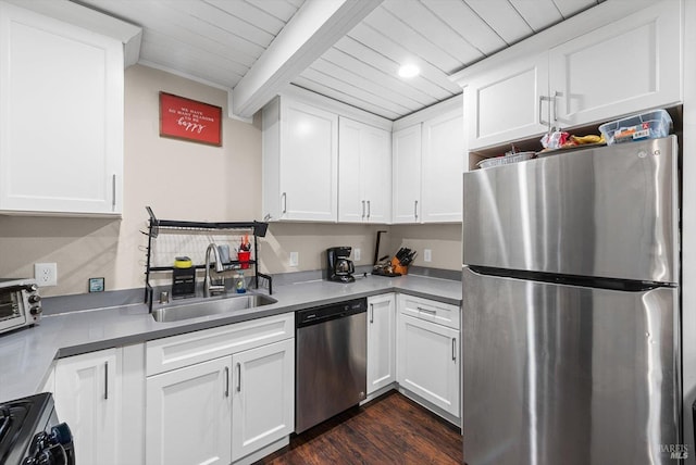 kitchen with white cabinets, dark wood-type flooring, sink, and stainless steel appliances