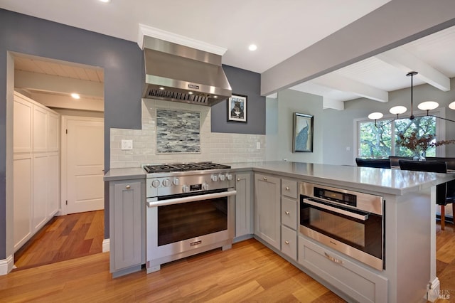 kitchen with wall chimney range hood, tasteful backsplash, beamed ceiling, kitchen peninsula, and appliances with stainless steel finishes