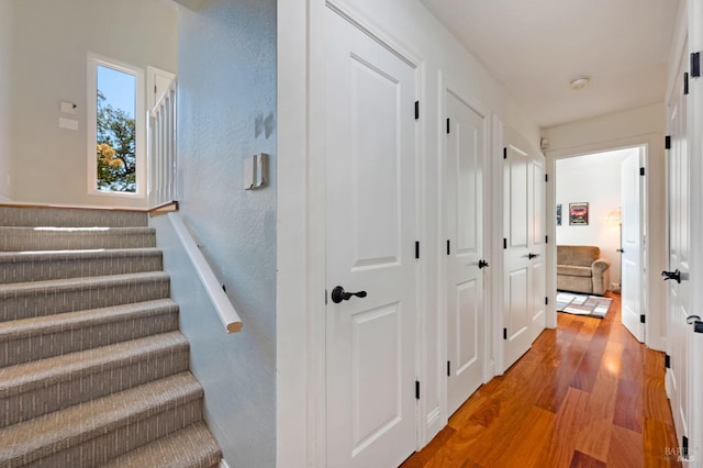 stairs with hardwood / wood-style flooring