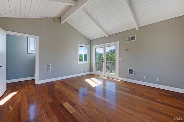 empty room featuring french doors, dark wood-type flooring, high vaulted ceiling, wooden ceiling, and beamed ceiling