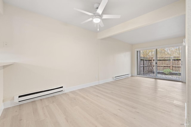 spare room featuring a baseboard radiator, ceiling fan, light hardwood / wood-style floors, and beamed ceiling