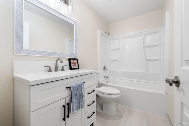 full bathroom featuring toilet, tile patterned flooring, shower / washtub combination, and vanity