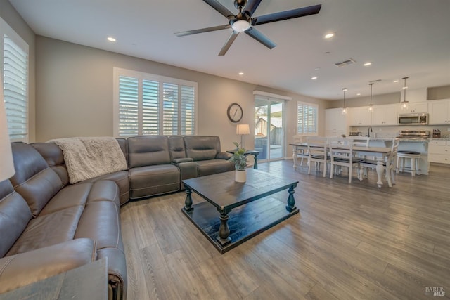 living room featuring light hardwood / wood-style floors, ceiling fan, and a healthy amount of sunlight