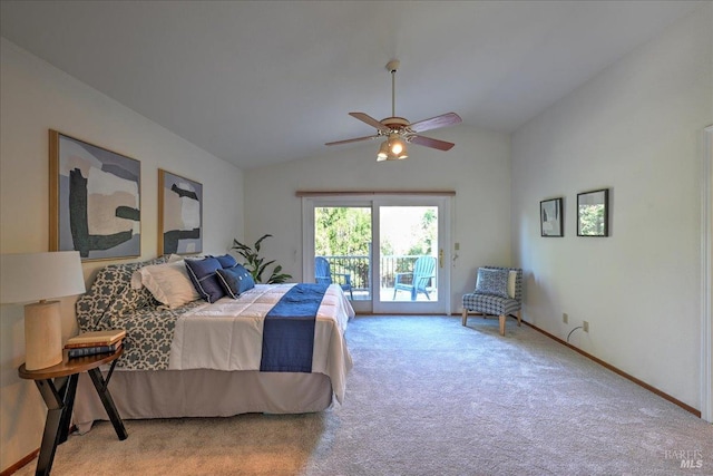 bedroom featuring access to outside, ceiling fan, light carpet, and vaulted ceiling